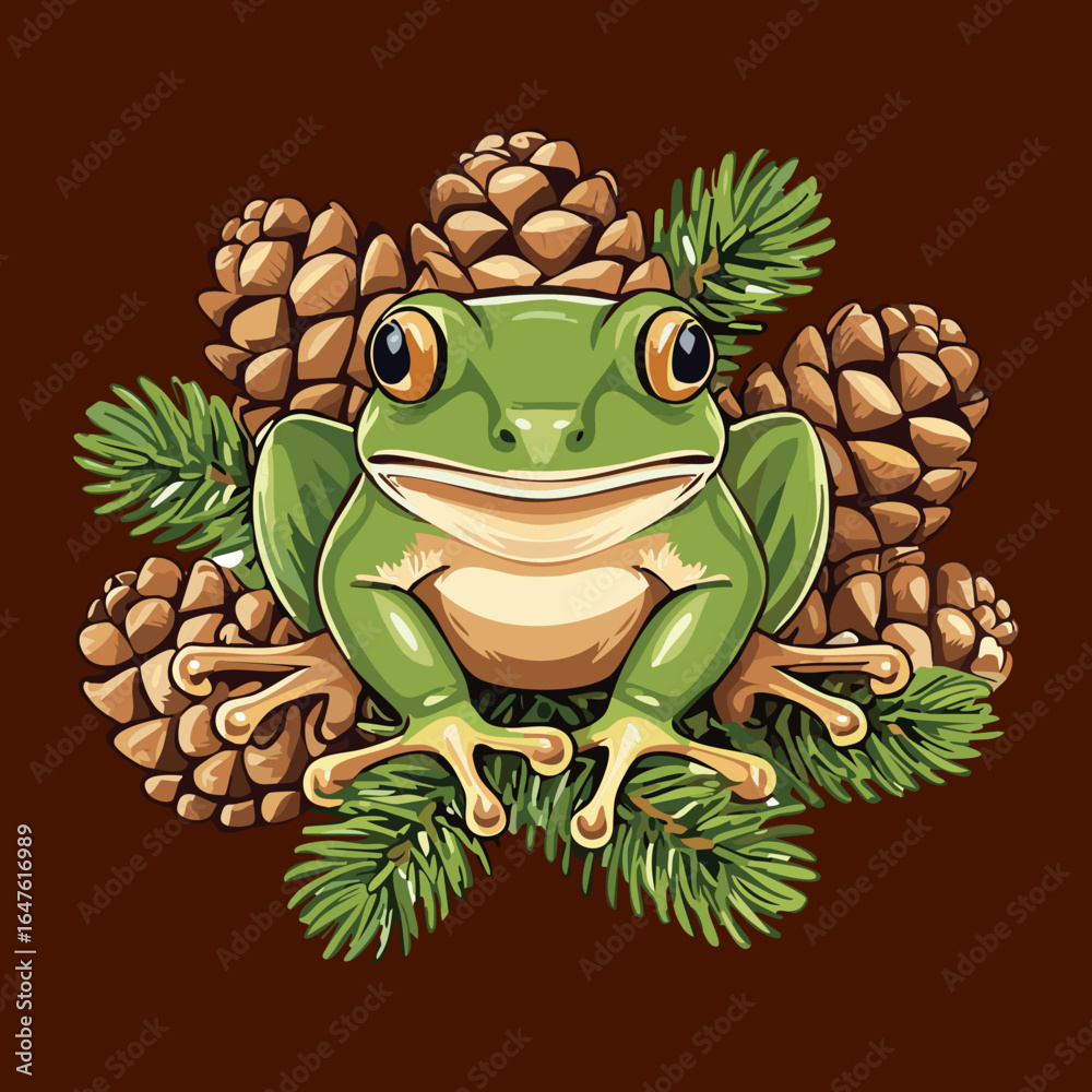 Fototapeta premium Adorable Frog Character Surrounded by Acorns and Pinecones