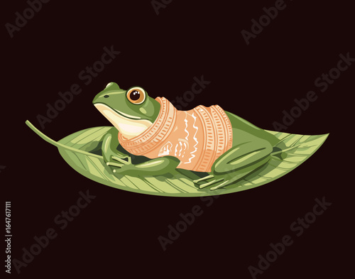 A Little Frog Character Sleeping on a Big Leaf