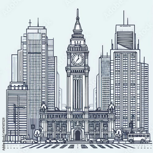 Urban cityscape illustration with clock tower and skyscrapers