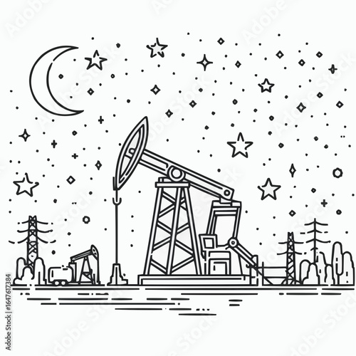 Line art illustration of an oil pump jack and machinery under a starry night sky