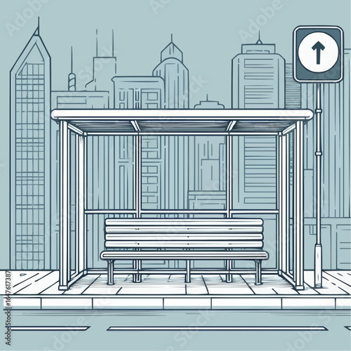 Line art illustration of a city bus stop shelter with skyscrapers in the background