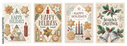 Festive holiday greeting cards featuring cookies, candles, and cheerful designs; perfect for the season!