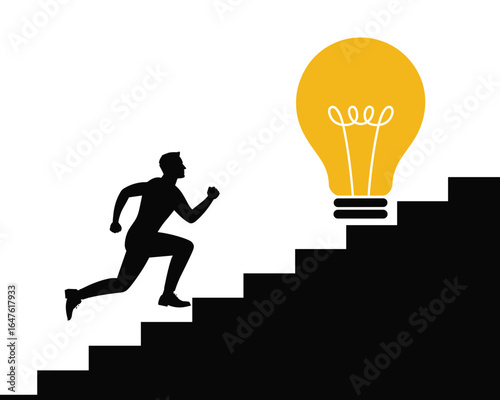 Silhouette of a person running up stairs towards a bright yellow idea lightbulb concept.
