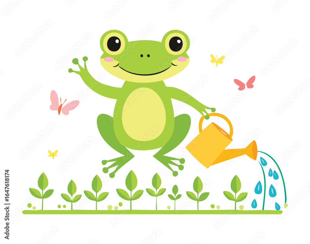 Obraz premium Happy Frog Watering Small Flowers with a Pink Watering Can