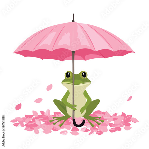 Cheerful Frog with a Pink Umbrella on a Sunny Day