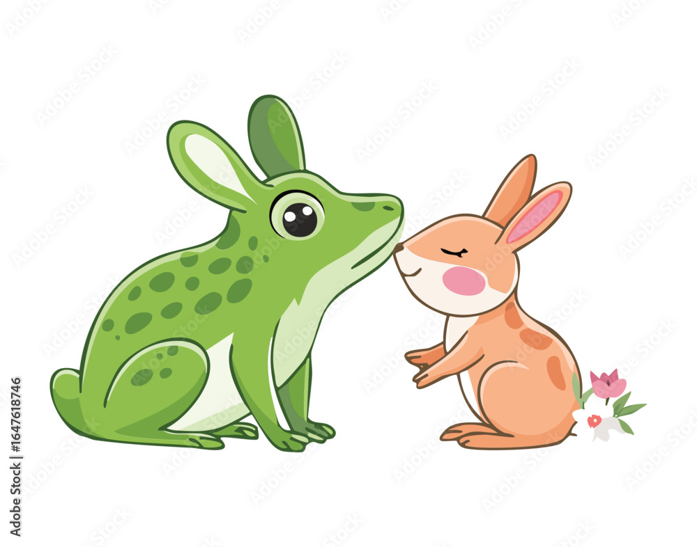 Obraz premium Cute Frog and Bunny Friends Sitting and Smiling
