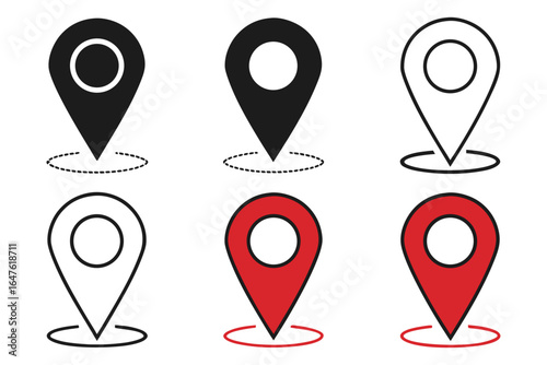Free Download Vector art of collection of location pin icons in black and red showing different styles for mapping applications and graphic design projects - GFXLoad