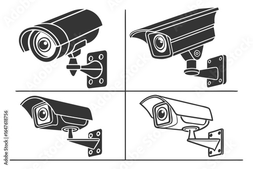 Vector art of four security camera designs for surveillance and protection of property and people against crime and vandalism