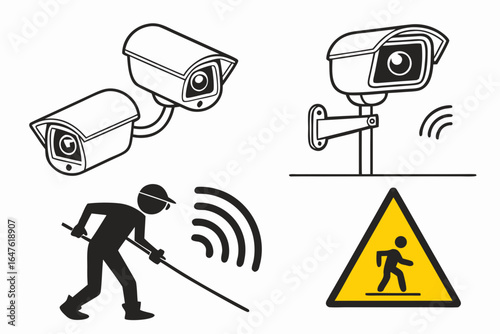 Vector art of illustrative depiction of security measures including surveillance cameras and a warning sign for trespassers and potential hazards