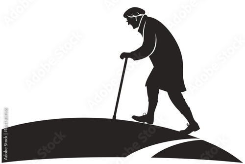 Vector art of silhouette of an elderly man walking with a cane on a hill representing aging and the journey of life