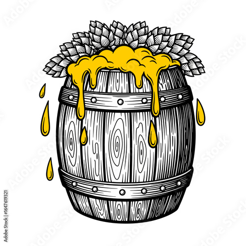 Detailed Engraving of a Wooden Barrel Filled with Golden Brew and Hop Garnish