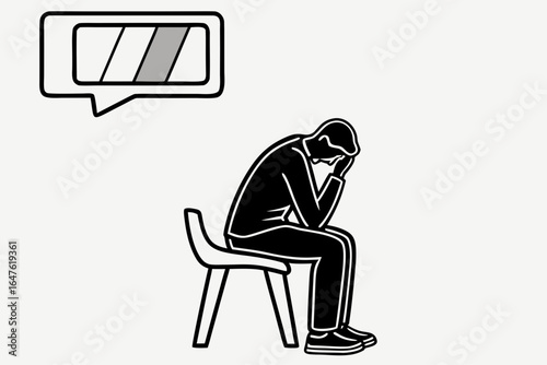 Vector art of a dejected man sits slumped in a chair feeling burnout with a low battery icon indicating his exhaustion