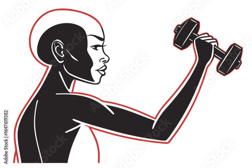 Vector art of a strong woman is lifting a dumbbell during her fitness workout to gain strength and build muscle mass