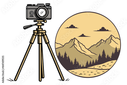 Vector art of a vintage camera on a tripod captures a breathtaking mountain landscape with a serene forest and cloudy sky