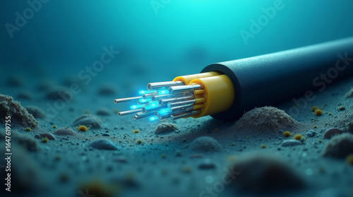 Submarine fiber optic cable with glowing data transmission wires under the ocean for global internet connection