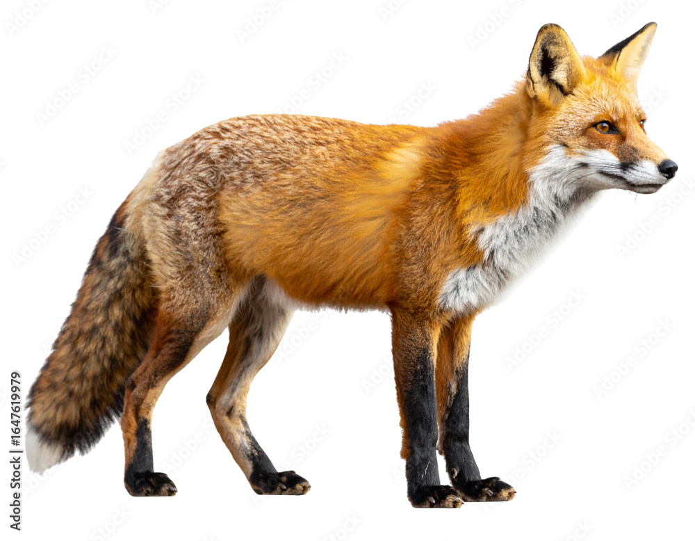 Fototapeta premium Red Fox Walking in Profile, Natural Fur Detail, Isolated on Transparent Background 