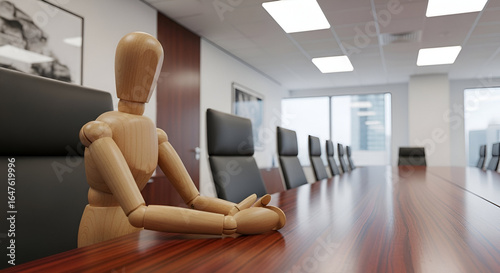 Wooden figure in a modern conference room, demonstrating thoughtful contemplation during a business meeting with a minimalist design and natural light