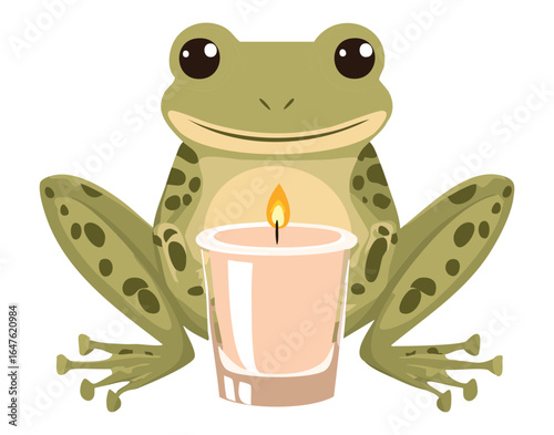 A cheerful frog sits calmly next to a lit white candle, creating a cozy and whimsical scene for a greeting card