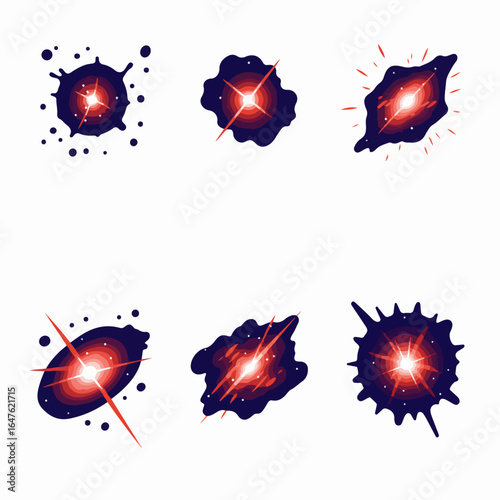 Abstract set of stylized cosmic starbursts and energy explosions, depicting galactic phenomena and radiant light effects.