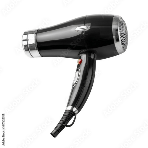 A black hair dryer with a silver cord