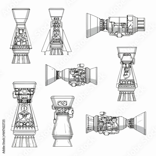 Collection of detailed rocket engine schematics and propulsion system diagrams, showcasing various designs and technical components for space travel technology.