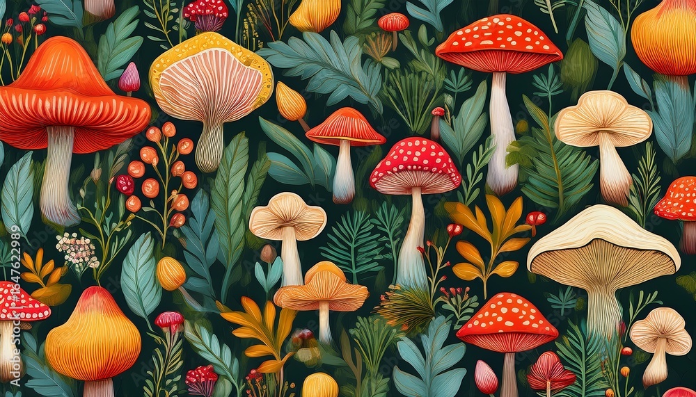 whimsical forest mushroom seamless pattern vibrant fantasy botanical nature design for trendy design textile packaging fabric wallpaper branding stationery wrapping paper interior decor