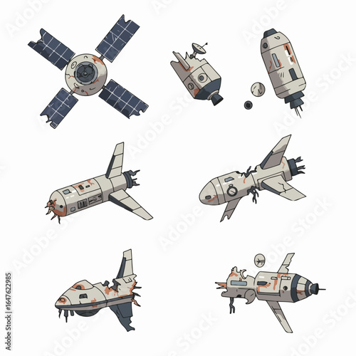 Collection of damaged and derelict space vehicles, including broken satellites, space shuttles, and modules, depicting orbital debris and space junk.
