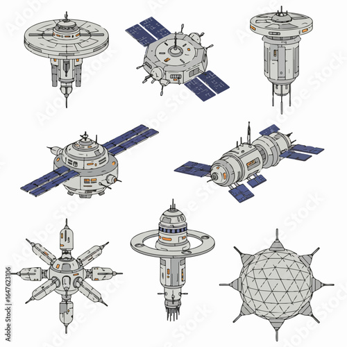 Collection of diverse futuristic space stations and satellites, hand-drawn vector illustrations for space exploration and technology concepts.