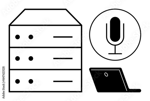 Server stack, microphone icon, and open laptop illustrating data storage, voice interaction, and digital workspace. Ideal for tech communication, cloud hosting, data analysis, IT solutions voice