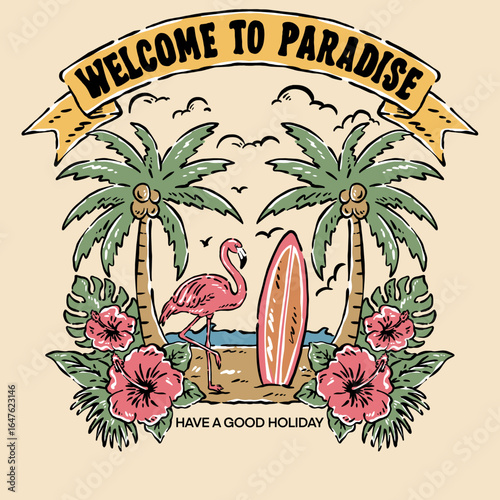 Good things ae coming. Flamingo with palm tree Beach good vibes print design for t-shirt. Palm tree, Flamingo