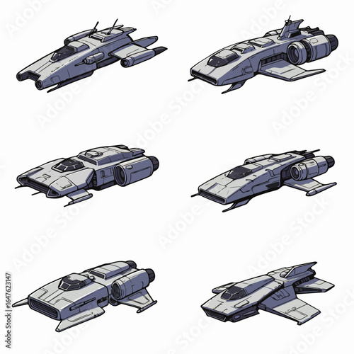 Obraz na plátně Collection of diverse futuristic sci-fi spaceships in cartoon illustration style on white background, ideal for game assets or creative projects
