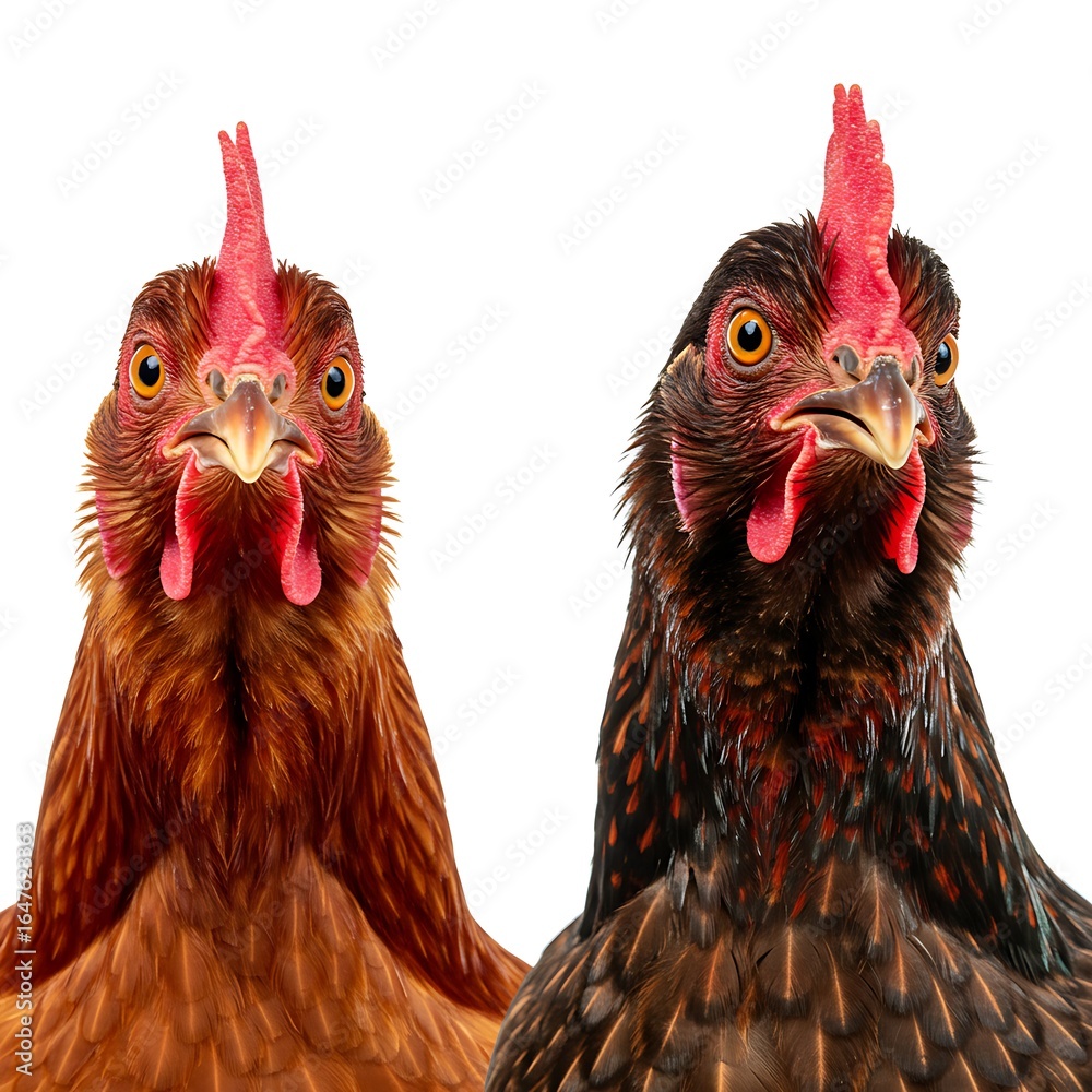 Fototapeta premium An eye-catching image of two farm animals, a pair of chickens, with vibrant red and brown colors.