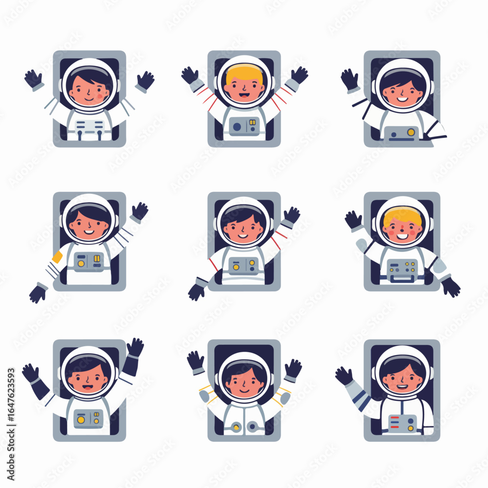 Fototapeta premium Cute cartoon astronauts waving and smiling from spaceship windows, a diverse collection of space explorers in various poses, perfect for kids' education or space adventure themes.