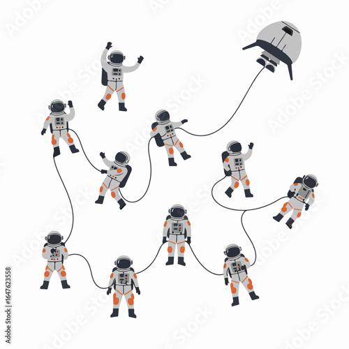 Astronauts and Spaceship Network: Collaborative Space Exploration and Connectivity, a Modern Flat Illustration.