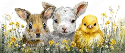 AKWARELOWE MALOWIDŁO PRZEDSTAWIAJĄCE MŁODE ZWIERZĘTA: KRÓLICZKA, JAGNIĘ I KURCZAKA