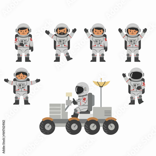 Collection of diverse cartoon astronauts in space suits, some waving, and one driving a lunar rover, perfect for space exploration themes and children's educational content.