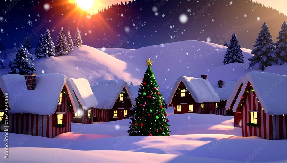 Naklejka premium Snowy Christmas village at sunrise