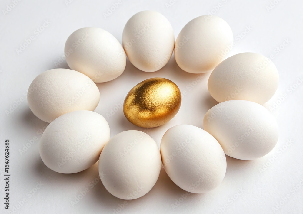Golden Egg in a Circle of White Eggs: A Symbol of Uniqueness and Leadership Golden Egg in a Circle of White Eggs: A Symbol of Uniqueness and Leadership