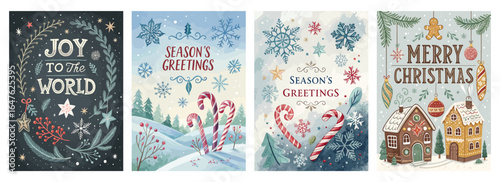 A collection of festive holiday cards featuring snowy landscapes and cheerful designs.