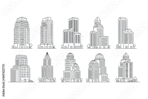 Skyscraper building line art icon set