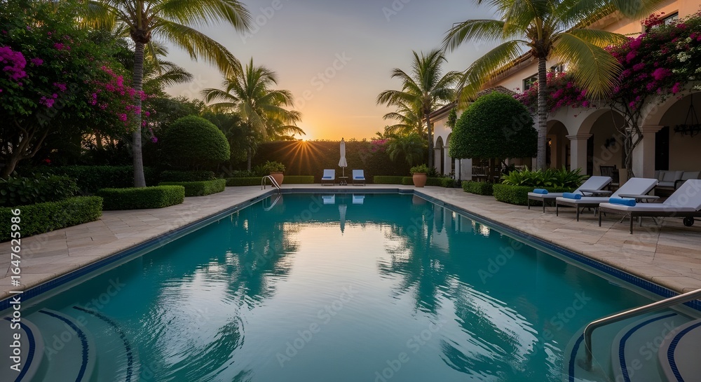 custom made wallpaper toronto digitalLuxury resort pool at sunset with palm trees and lounge chairs