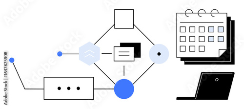Network lines connecting task icons, calendar, and laptop emphasize scheduling, productivity, and collaboration. Ideal for business, automation, remote work, planning communication and organization