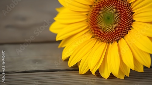 Close-up of a sunflower on a wooden surface with even lighting and shallow depth.