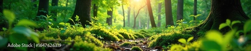 Sunlight dapples through lush green leaves in a vibrant summer forest, illuminating a mossy forest floor Perfect for nature, travel, and environmental themes , ecosystem, calm