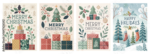 Festive Christmas cards featuring vibrant designs with gifts, Christmas trees, and holiday greetings.