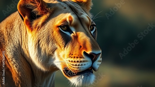 Powerful lioness portrait with detailed fur texture and soft savanna backdrop.