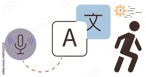 Microphone emitting sound waves, language blocks with symbols, cogwheel for processing, and moving figure highlight communication, multilingual solutions, and speed. Ideal for AI, linguistics