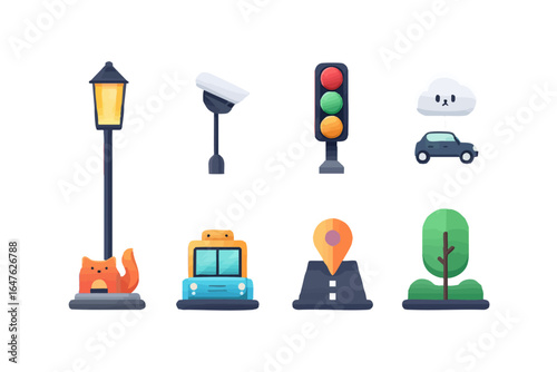 Vector icon  vector city illustration with traffic light car tree and road map pin for urban design projects