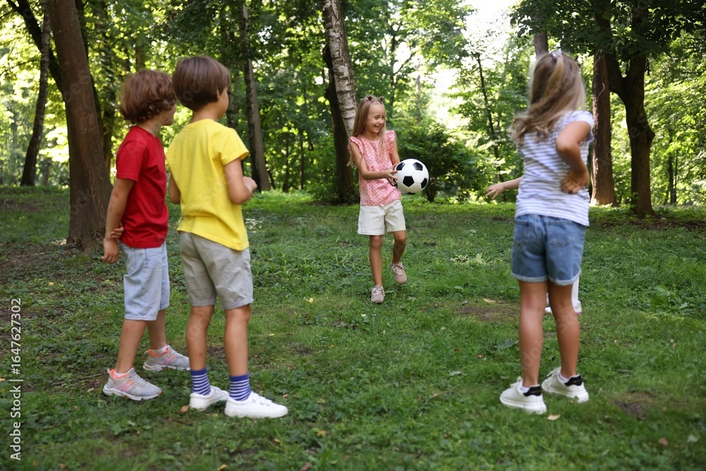 Fototapeta premium Cute little kids playing with soccer ball in park