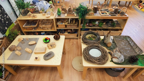 Classroom Tables and Shelves Showcasing Nature Based Learning Materials